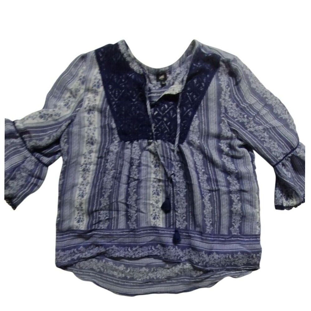 Lee Peasant Blouse Blue Floral Print Lace‎ Trim Boho Top Size Medium